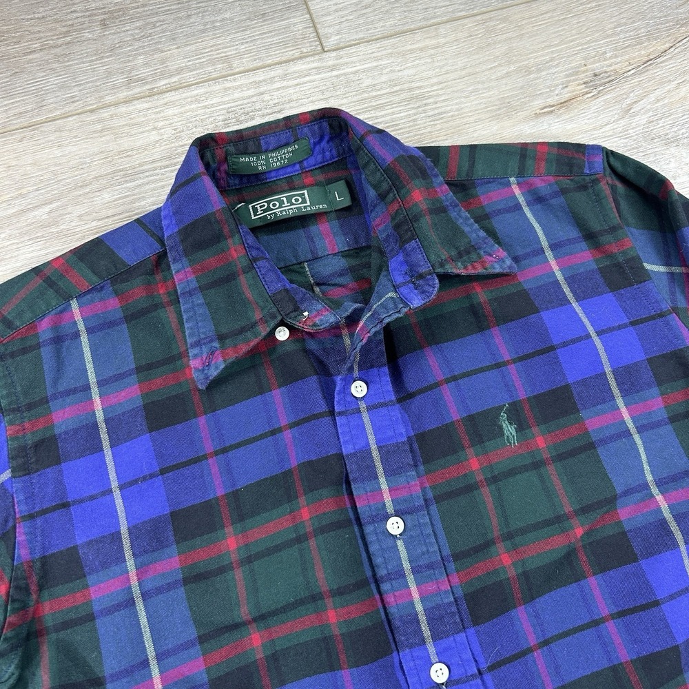 Ralph Lauren Youth Large Blue Green Plaid Tartan Preppy Long Sleeve Button Up‎
